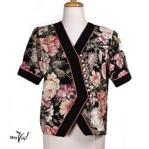 Vintage 80s Meryl Fashion Top Bold Floral Print Shoulder Pads Size XL - Hey Viv